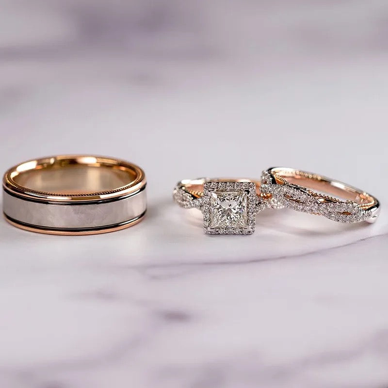 3 piece 18K Rose Gold Princess Real Diamond Ring