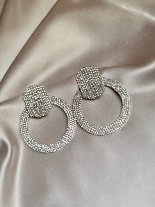 Big Diamond Dangle Round Silver Earrings