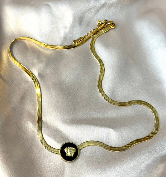 Black Round Pendant Necklaces Stainless Steel Snake Chain Chokers