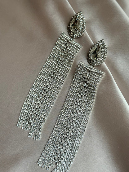 Silver Color Water Drop Crystal Earrings Oversize Long Tassel Rhinestone for Women Dangle Earring
