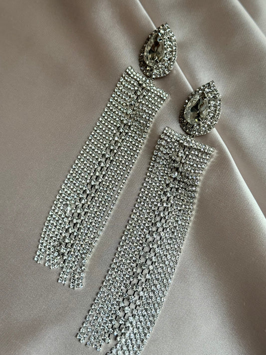 Silver Color Water Drop Crystal Earrings Oversize Long Tassel Rhinestone for Women Dangle Earring