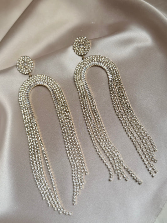 Gold Silver Rhinestone Tassel Earrings