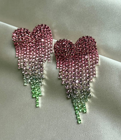 Fashion gradient color love heart full diamond tassel earrings