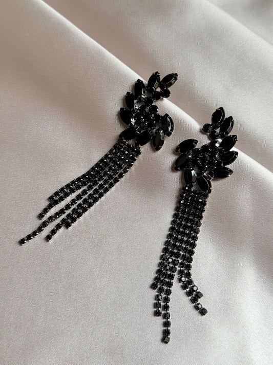 TREAZY Elegant Black Crystal Floral Tassels Long Drop Earrings