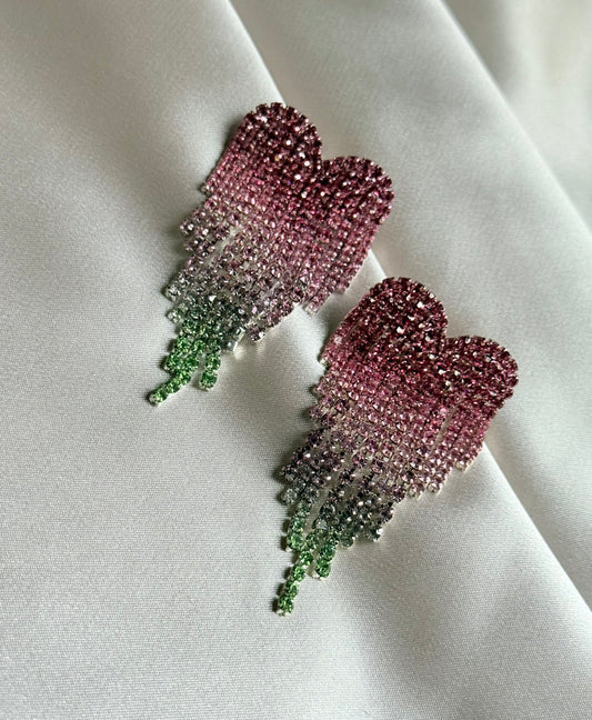 Fashion gradient color love heart full diamond tassel earrings