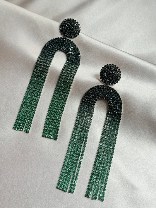 Luxury Rhinestone Green U-shaped Geometric Long Tassel Earrings