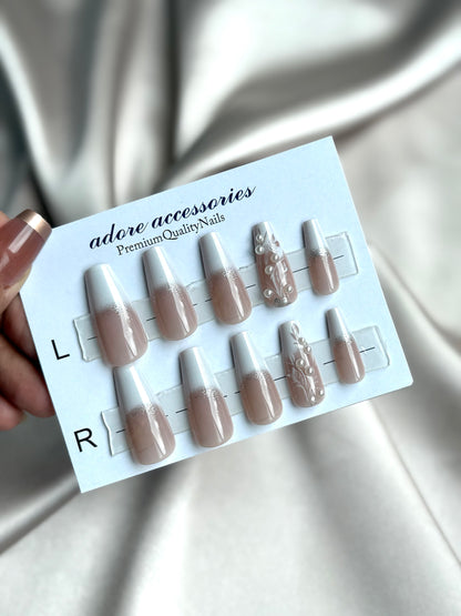 French tip square press on pearl nails 24pcs