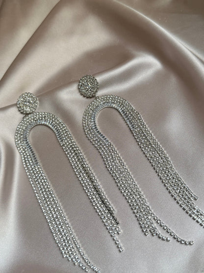 Gold Silver Rhinestone Tassel Earrings