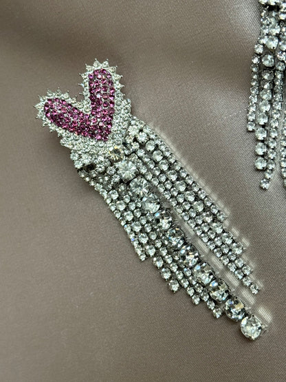 Elegant Diamond Embedded Heart Tassel Stud Earrings Women's Fashion Trend Alloy Geometric Shape