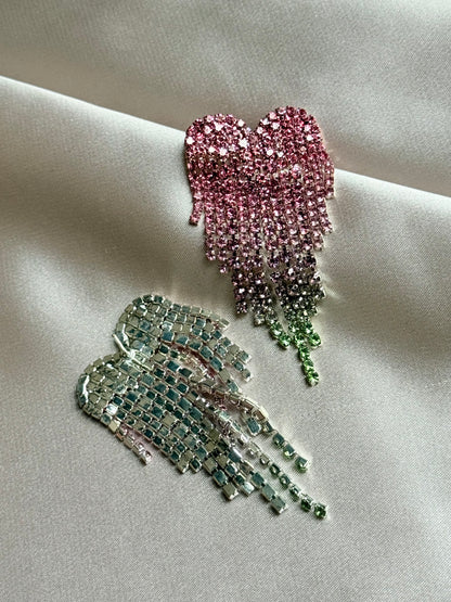 Fashion gradient color love heart full diamond tassel earrings