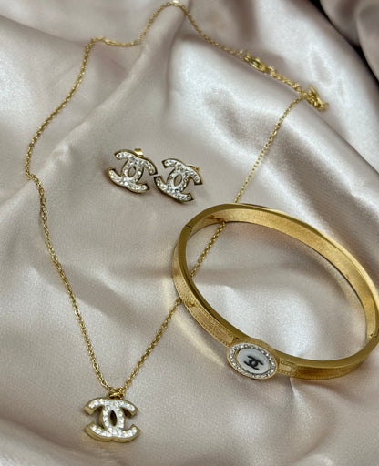 4Pcs Stainless steel Zircon Necklace Earring Bracelet Ring Set