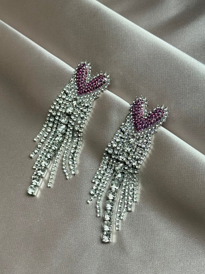 Elegant Diamond Embedded Heart Tassel Stud Earrings Women's Fashion Trend Alloy Geometric Shape