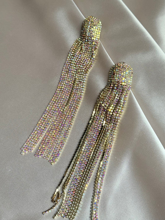 FYUAN Long Tassel Rhinestone Drop Earrings for Women Ovsize Crystal Dangle Earrings