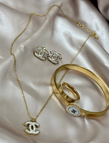 4Pcs Stainless steel Zircon Necklace Earring Bracelet Ring Set