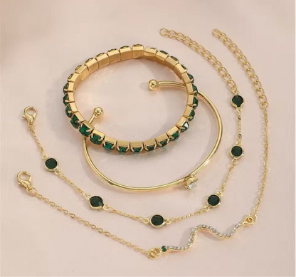 4Pcs/Set Snake Green Gemstone Bangle Rhinestone Full Metal Bracelet.                    High-quality rhinestones, like cubic zirconia, would add to the luxury feel.