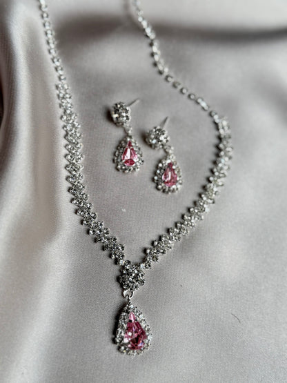 TREAZY NEW Charm Pink Crystal Rhinestones Bridal Jewelry for Women Waterdrop Necklace Earrings Fashion Wedding Jewelry Sets