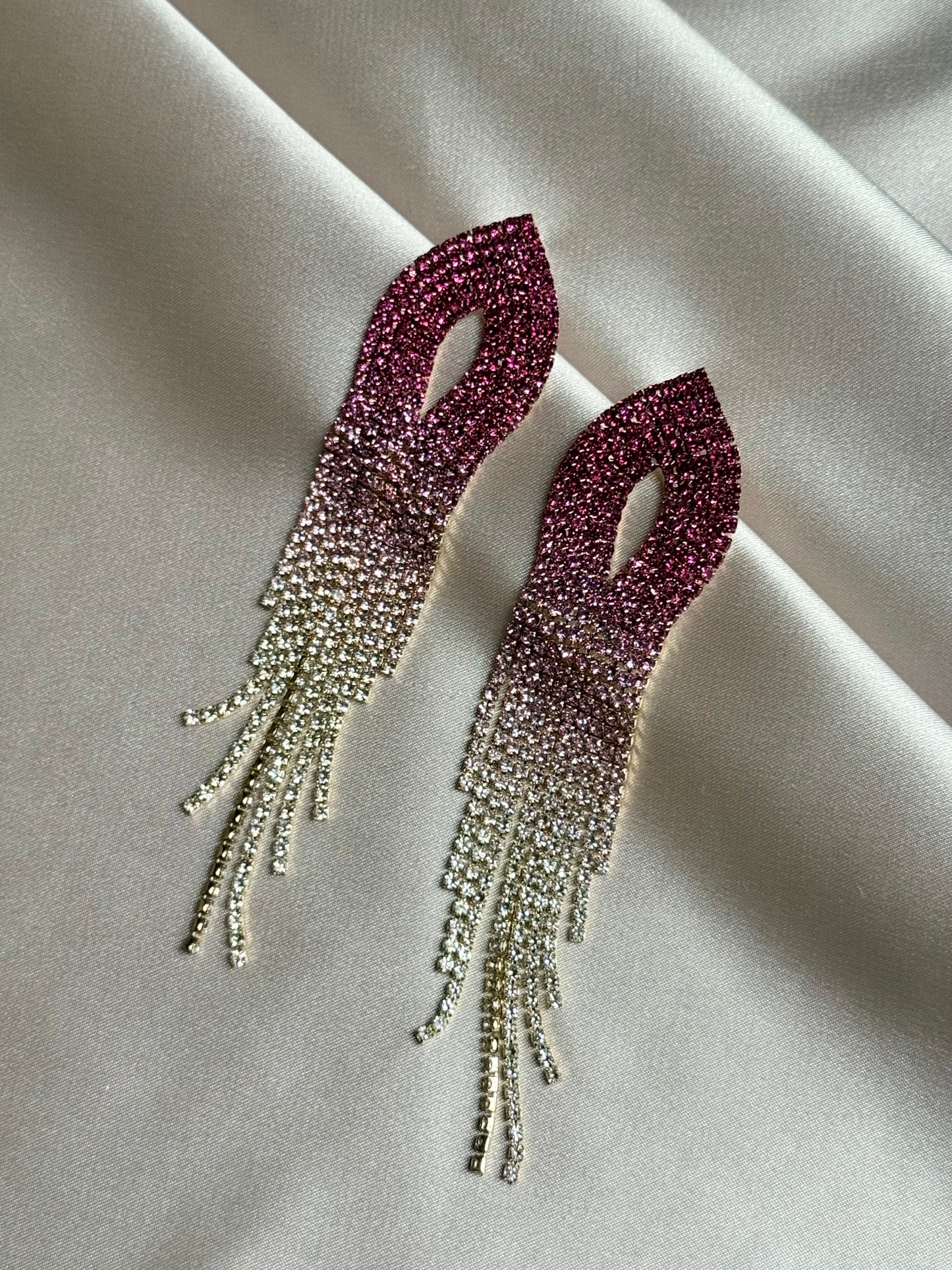Shiny Rainbow Color Crystal Earrings for Women Long Tassel Pink Rhinestone Dangle Earrings