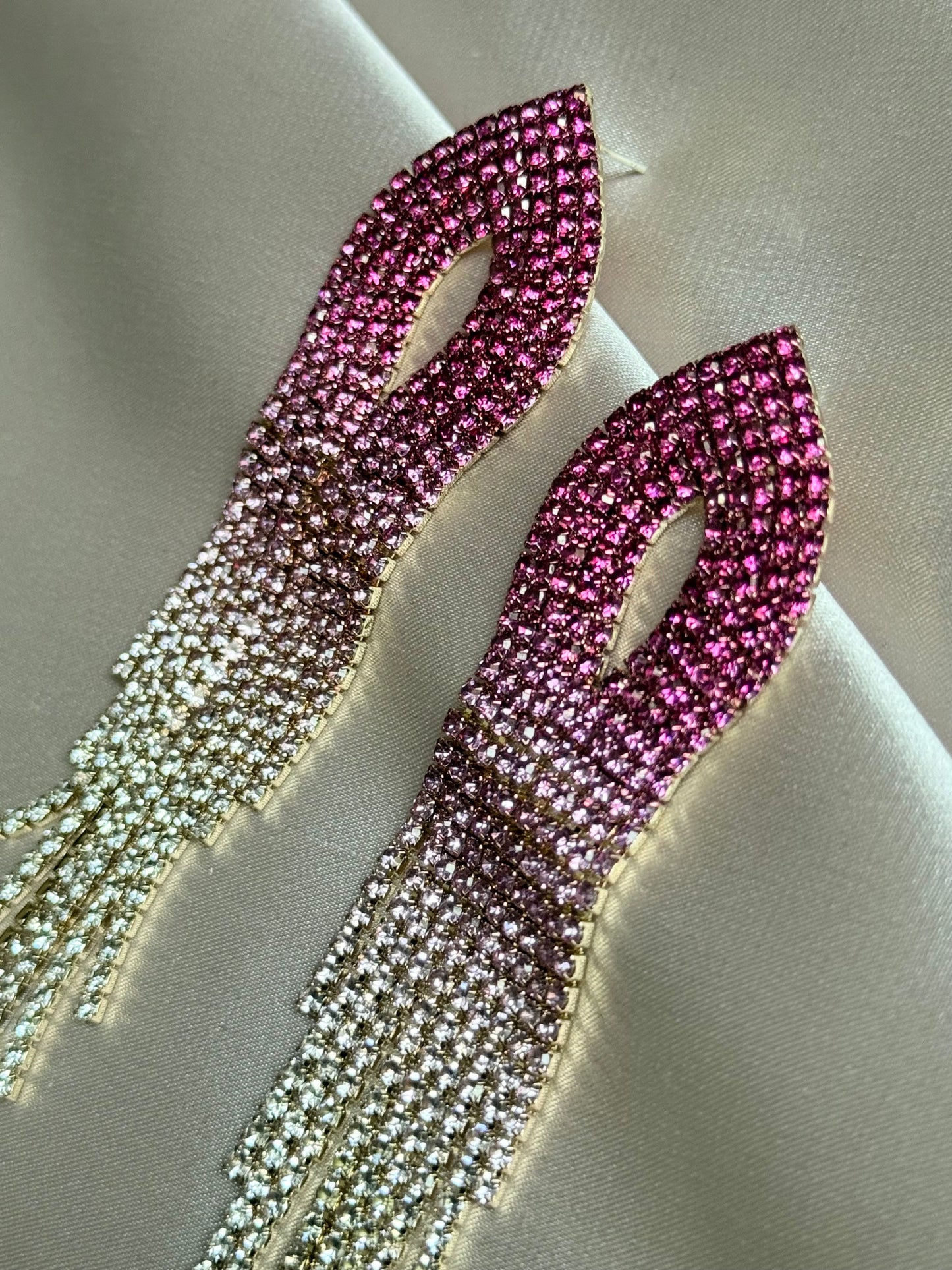 Shiny Rainbow Color Crystal Earrings for Women Long Tassel Pink Rhinestone Dangle Earrings