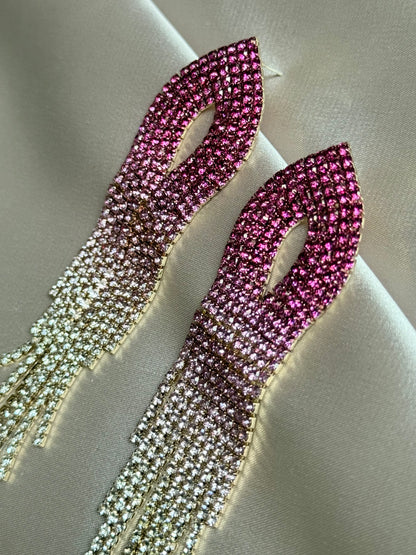 Shiny Rainbow Color Crystal Earrings for Women Long Tassel Pink Rhinestone Dangle Earrings