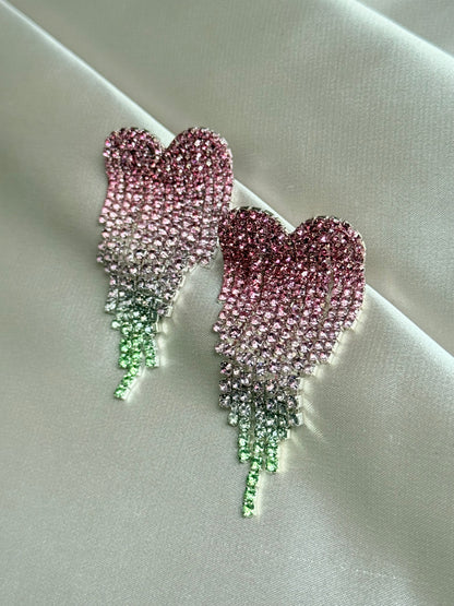 Fashion gradient color love heart full diamond tassel earrings