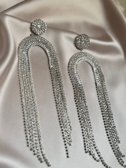 Gold Silver Rhinestone Tassel Earrings