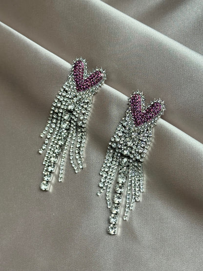 Elegant Diamond Embedded Heart Tassel Stud Earrings Women's Fashion Trend Alloy Geometric Shape