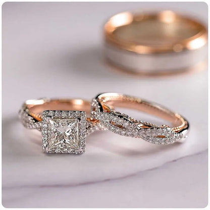 3 piece 18K Rose Gold Princess Real Diamond Ring