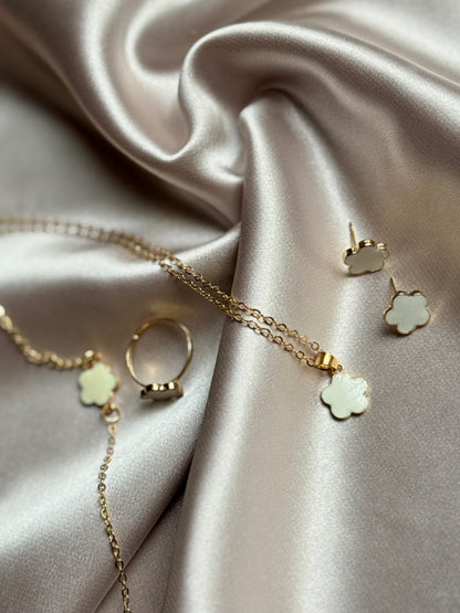 Lucky Five-petal Flower Clover Earrings Necklace Ring Bracelet Four-piece Set for Woman