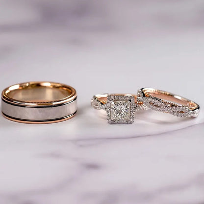 3 piece 18K Rose Gold Princess Real Diamond Ring