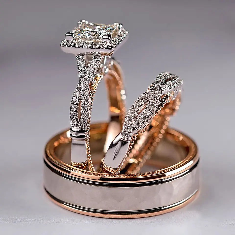 3 piece 18K Rose Gold Princess Real Diamond Ring