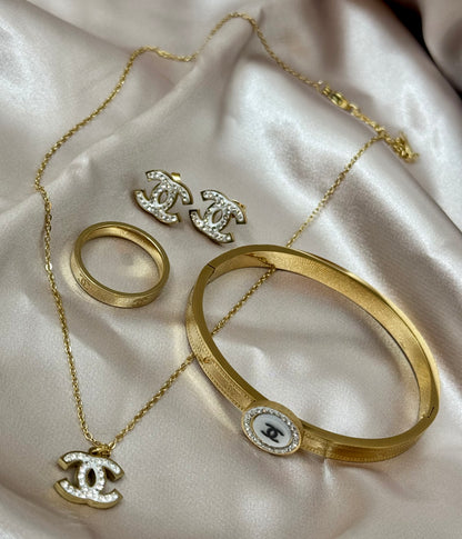 4Pcs Stainless steel Zircon Necklace Earring Bracelet Ring Set