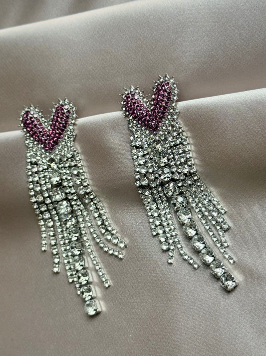 Elegant Diamond Embedded Heart Tassel Stud Earrings Women's Fashion Trend Alloy Geometric Shape