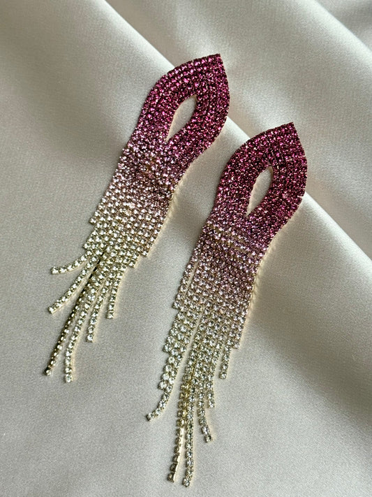 Shiny Rainbow Color Crystal Earrings for Women Long Tassel Pink Rhinestone Dangle Earrings