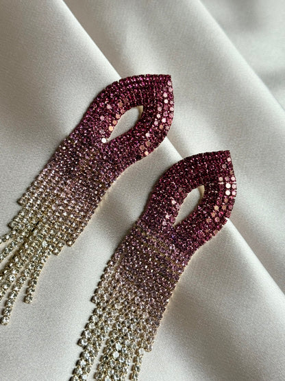 Shiny Rainbow Color Crystal Earrings for Women Long Tassel Pink Rhinestone Dangle Earrings
