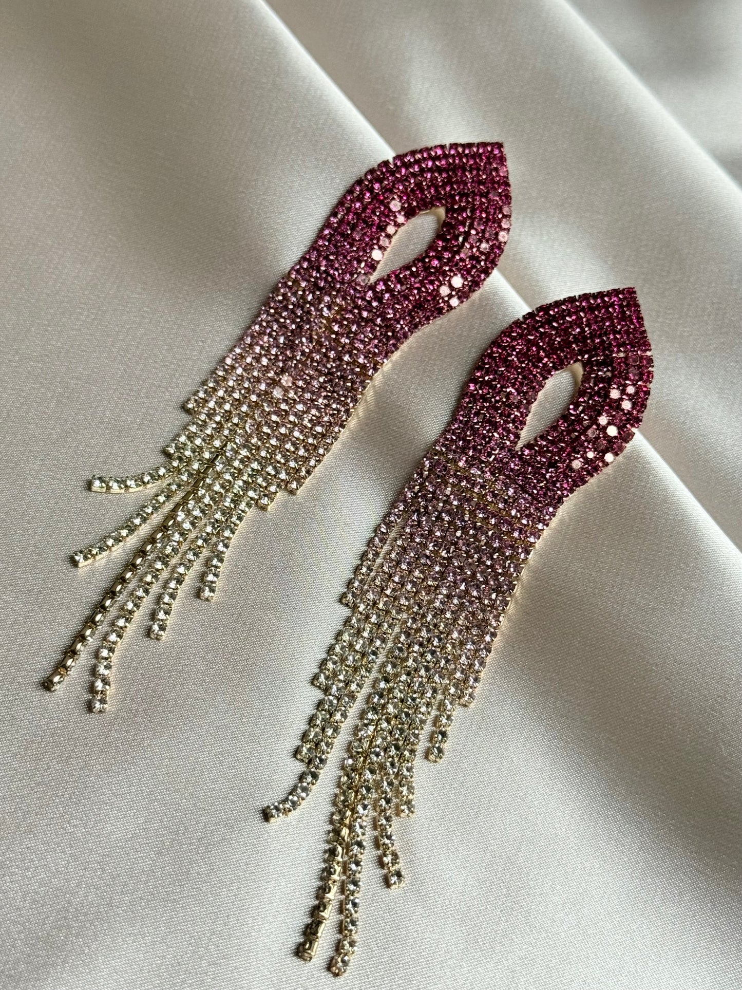Shiny Rainbow Color Crystal Earrings for Women Long Tassel Pink Rhinestone Dangle Earrings