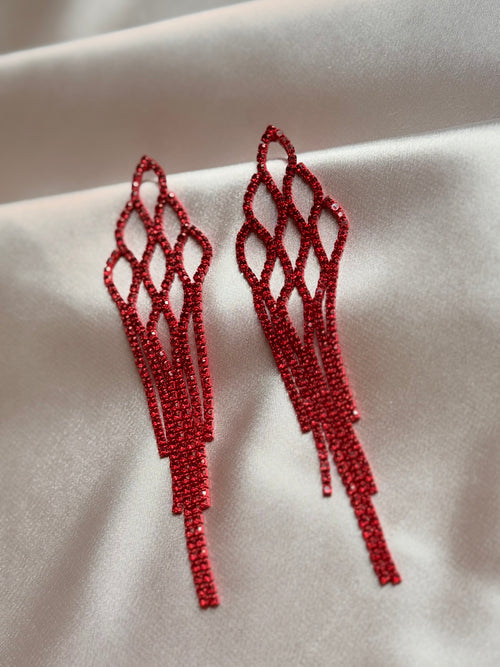 Rhinestone Embellished Mesh Earrings Puffed Up Style Dazzling Long Water Earrings