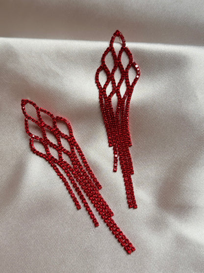 Rhinestone Embellished Mesh Earrings Puffed Up Style Dazzling Long Water Earrings