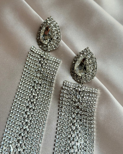 Silver Color Water Drop Crystal Earrings Oversize Long Tassel Rhinestone for Women Dangle Earring